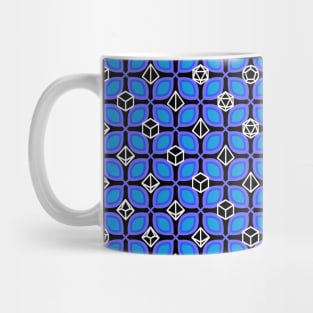 1970s Retro Inspired Polyhedral Dice Set and Leaf Seamless Pattern - Blue Mug